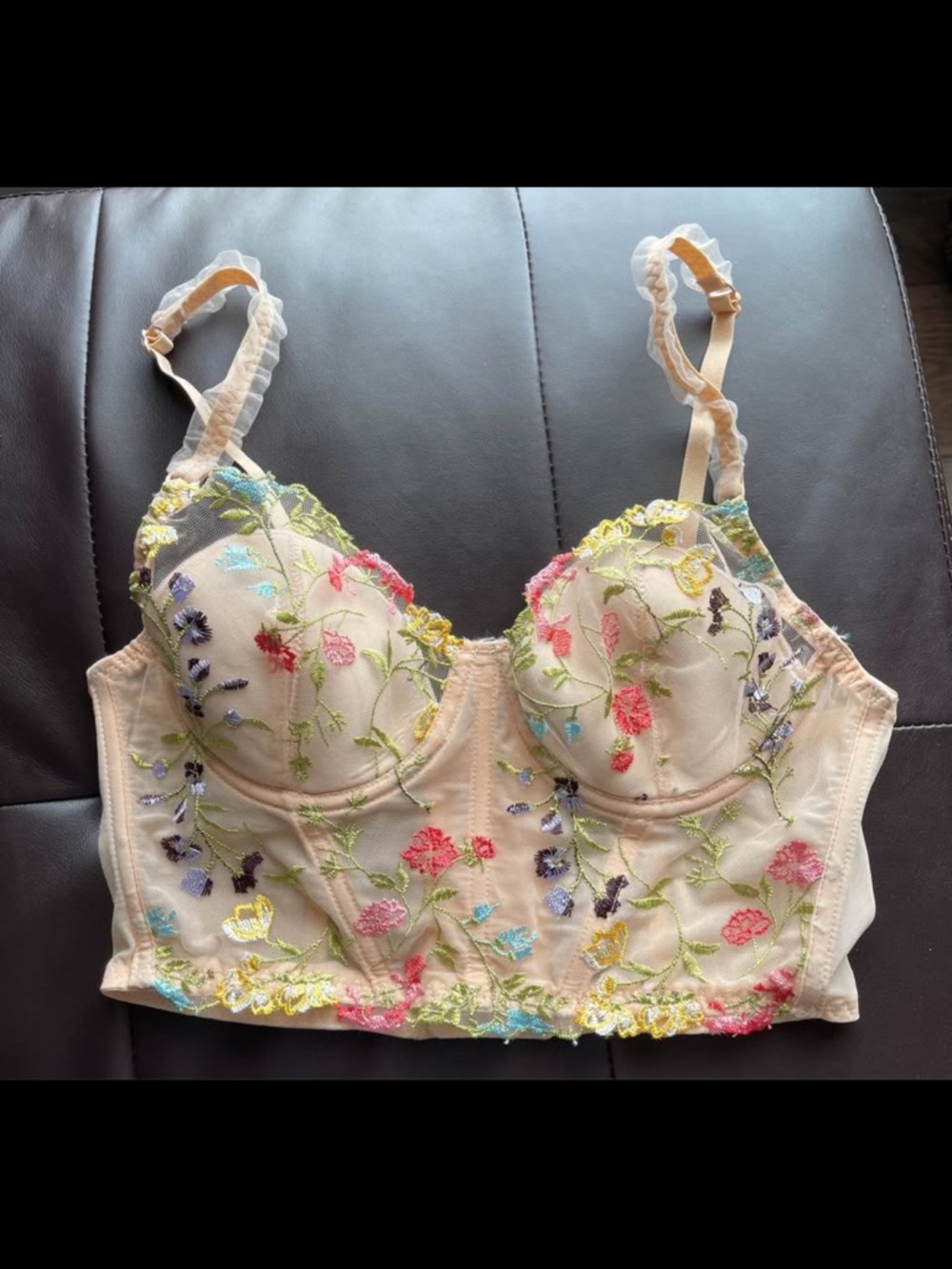 Embroidered Floral Longline Bralette in Blush